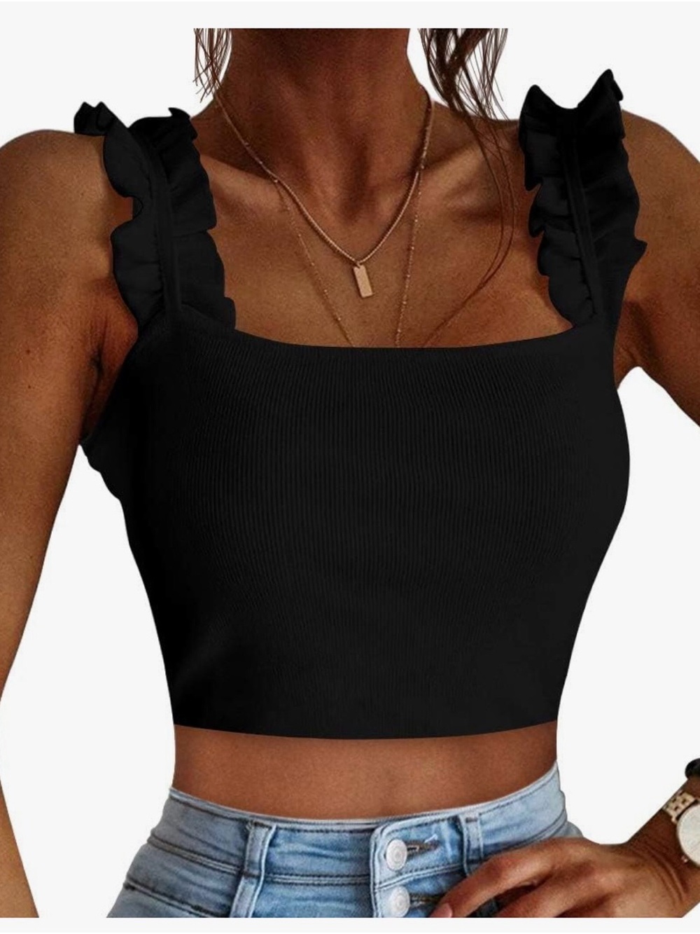 Black Ruffle Strap Ribbed Crop Top